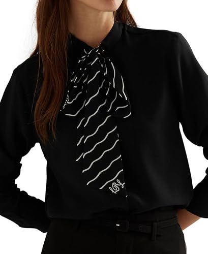Lauren Ralph Lauren Women's Wave-Stripe Tie-Neck Shirt (Black, Large) #TOP2