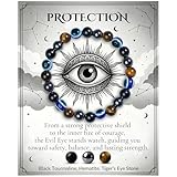 Bivei Evil Eye Bracelets Protection, Strength Crystal Healing Bracelet 8MM with Black Tourmaline, Obsidian & Tiger Eye - Spiritual Stretch Beaded Jewelry for Women Men Gift