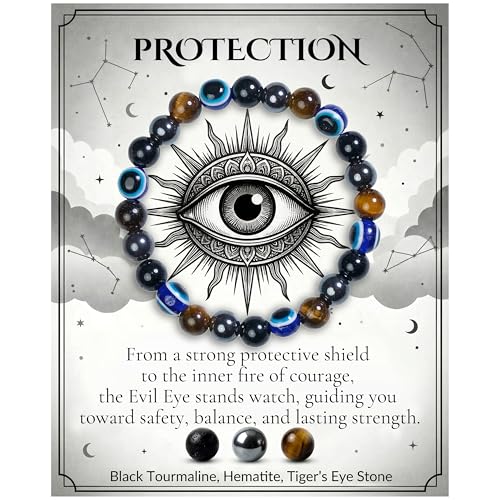 Bivei Evil Eye Bracelets Protection, Strength Crystal Healing Bracelet 8MM with Black Tourmaline, Obsidian & Tiger Eye - Spiritual Stretch Beaded Jewelry for Women Men Gift