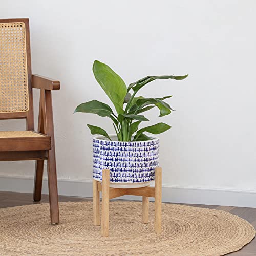Large Ceramic Plant Pot With Stand - 9.4 Inch Modern Cylinder Indoor Planter With Drainage Hole For Snake Plants, Fiddle Fig Tree, Artificial Plants, Blue & White #TOP2