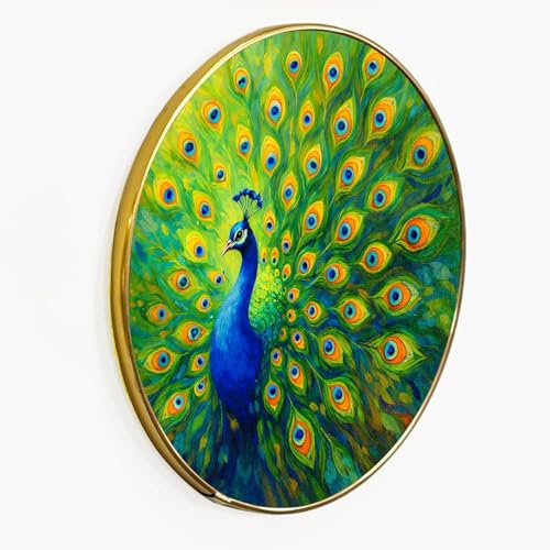 Image of Peacock Round Wall Art Painting With Frame For Living Room| Vastu-Inspired Wall Art Framed Painting | Round Artistic Wall Hanging for Home, Bedroom, Office & Gifting, 12 Inch