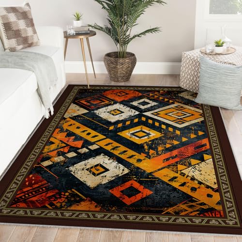 Tapis fin 160x230cm géométrique rustique marron antidérapant