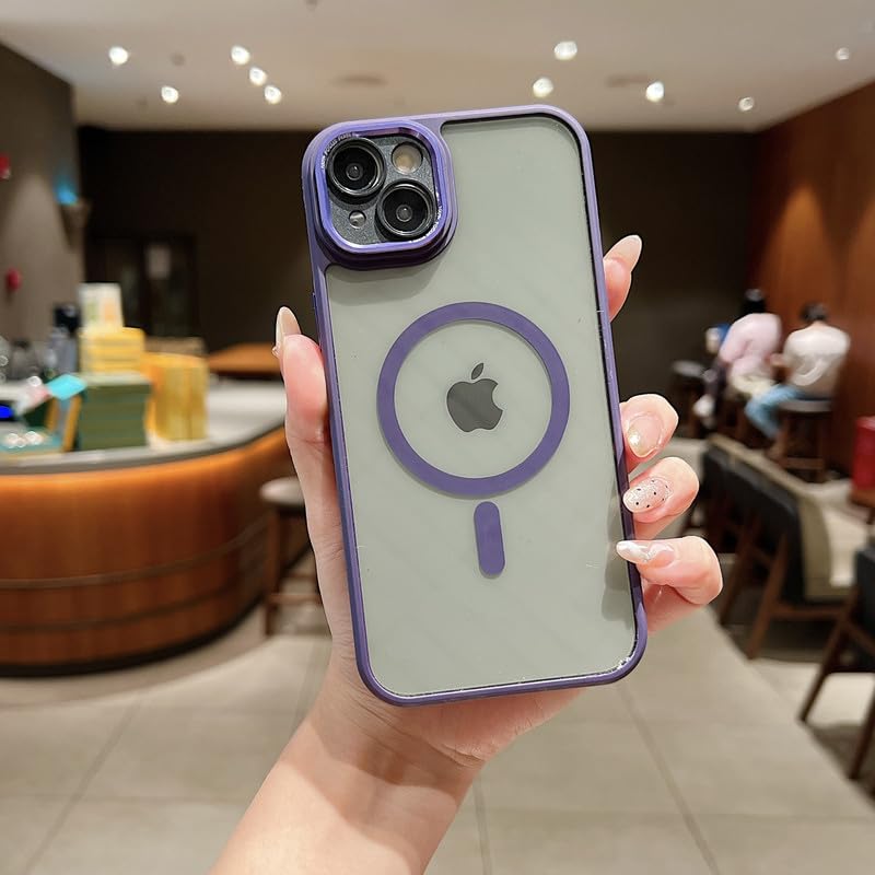 LuxuryKase Magnetic Clear Shockproof Case for iPhone 14 Plus | Mag-Safe Compatible | Transparent Hard Back Cover with Full Camera Protection | Anti-Yellowing - Purple