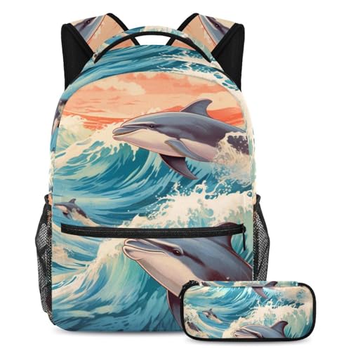 Sac à dos baleine océan bleu grand sac scolaire 2 pièces artistique