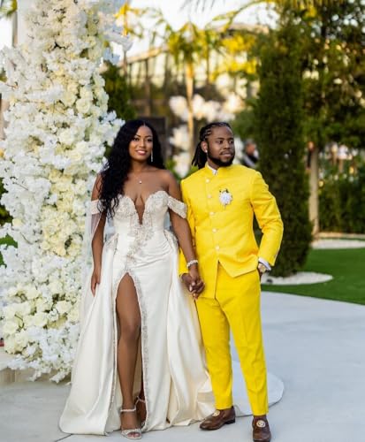 Off Shoulder Sweetheart Wedding Gown Sparkly Beaded Slit Mermaid Bridal Wedding Dress with Detachable Train4