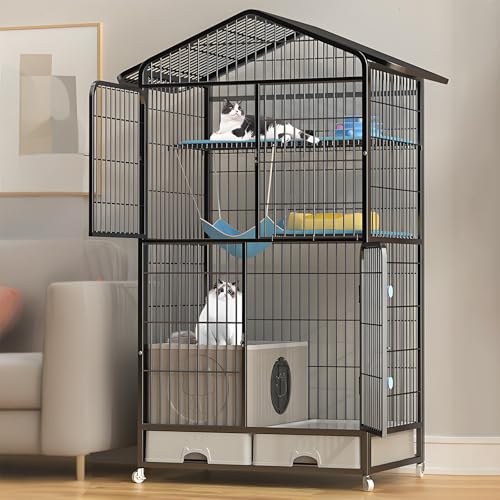 WYTTDBD猫ケージ 4段式 大型トイレ一体型猫ゲージ 広々多頭飼い対応 キャスター付き収納式3WAYトレイ・天板収納・ロック付きドア|吊りハンモック&エサ皿付属|チンチラ対応 屋外可能キャットケージ スリムワイド設計 Black-B 83x59x160