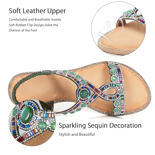 Image of iCKER Womens Rhinestone Strappy Flat Sandals Elastic Ankle Strap Open‑Toe | Sparkling,for wedding,party,evening dates,special occasion,Vacation,Formal