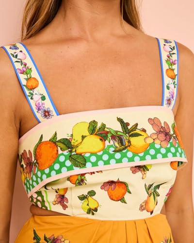 Image of Women's Summer Mini Cami Dress Cartoon Fruit Print Sleeveless Back Bow A-Line Cute Dress (Yellow, S), Small