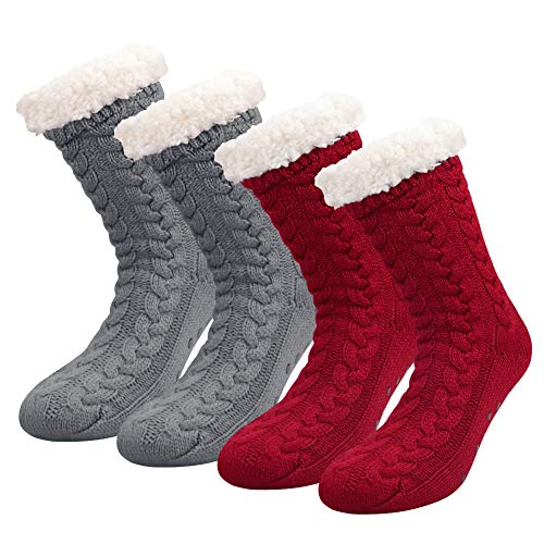 Yoobure 2 Pairs Women's Winter Fleece Lined Socks Super Soft Warm Cozy Slipper Socks Thick Knit Heavy Fuzzy Christmas Socks with Grippers