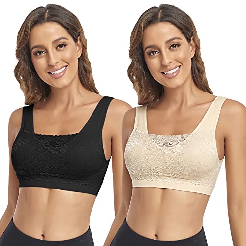 Image of Litthing Lace Bralettes for Women Padded Sports Bra Seamless Plus Size Tank Tops Wirefree Comfort Yoga Cami T Shirt Bras