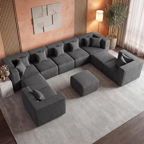 Image of MONVANE Modular Sectional Sofa, Oversized 10 Seat Convertible U Shaped Couch with Ottoman, Comfy Chenille Cloud Couch with Deep Seat, Sectional Couches for Living Room, No Assembly Required, Grey