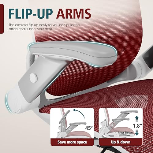 Image of GABRYLLY Ergonomic Office Chair, High Back Home Desk Chair with Headrest, Flip-Up Arms, 90-120 Tilt Lock and Wide Cushion, 300LBS Mesh Chairs for Man Woman, White Task Chair(Red,GY01WR)