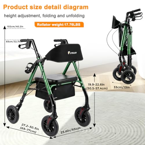 Image of Foldable Rollator Walkers for Seniors with Seat,4 Wheel Rolling Walker | 300lb Sturdy Frame|Hand Anti-tip brakes|Adjustable height|8 inch All-Terrain Wheels|padded seat|7.5 inch backrest|Tool-Free Assembly