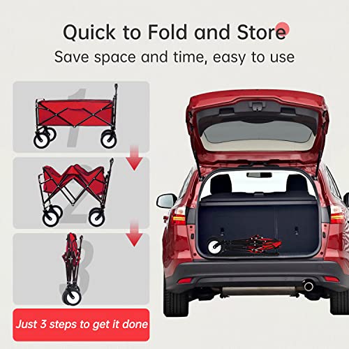 Collapsible Wagon Folding Wagon Beach Wagon Grocery Wagon Garden Cart With 4 Universal Wheel For Shopping Park Picnic, Beach Trip, Outdoor Activities, Camping(Red) #TOP1