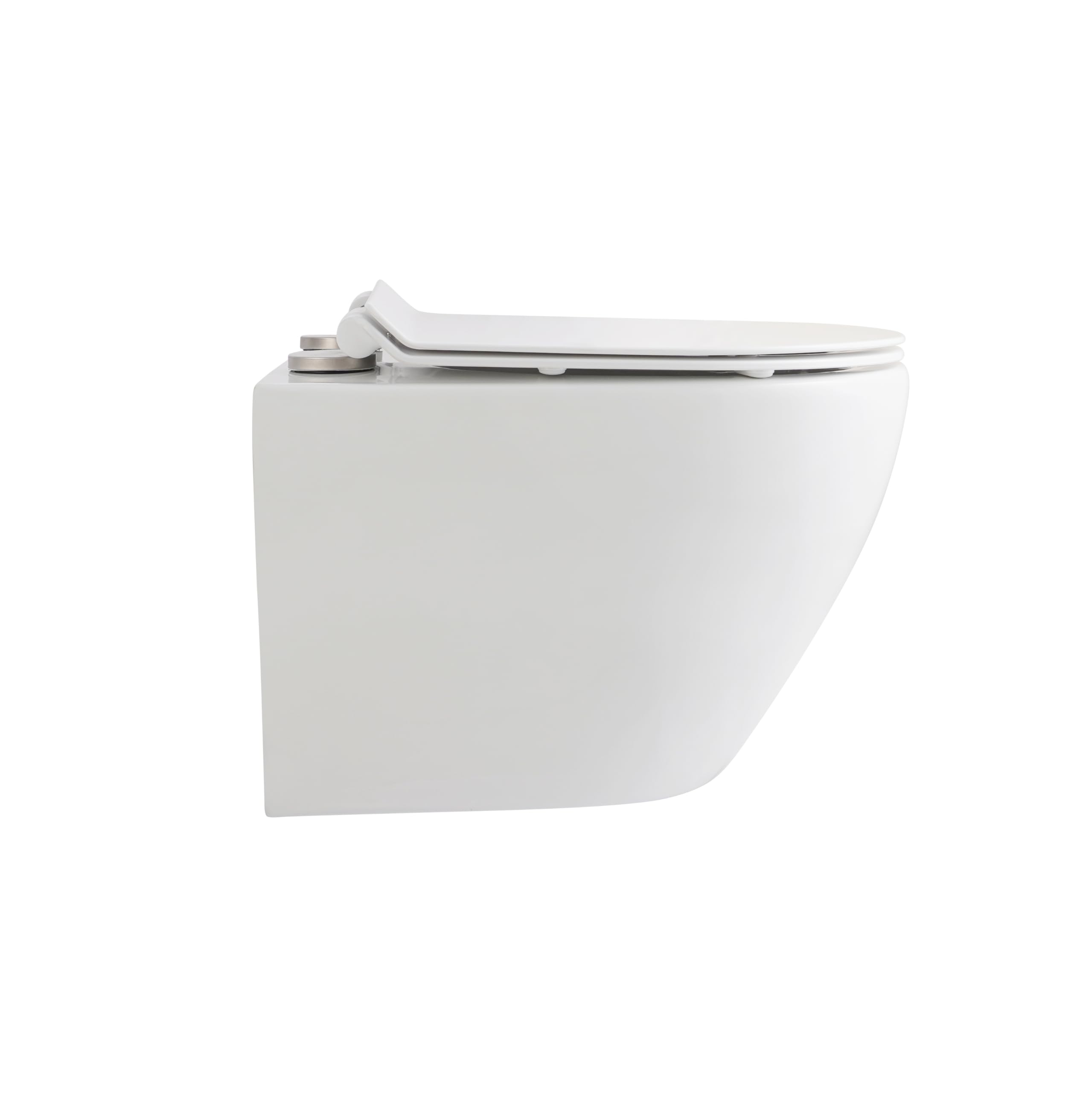 WC Suspendu Mural avec Fixations Invisibles, Sans Bride (Rimless), Abattant Soft-Close Ultra-Fin, Cuvette en Céramique Facile à Nettoyer, Design Moderne Rond Blanc Brillant Gain de Place