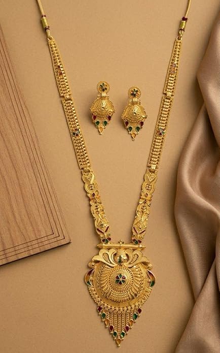 Image of Golden Long Necklace Set for Women | Brass Gold Plated Minimal Har | Adjustable Traditional Jewellery | Meenakari Marriage Wedding Necklace Set