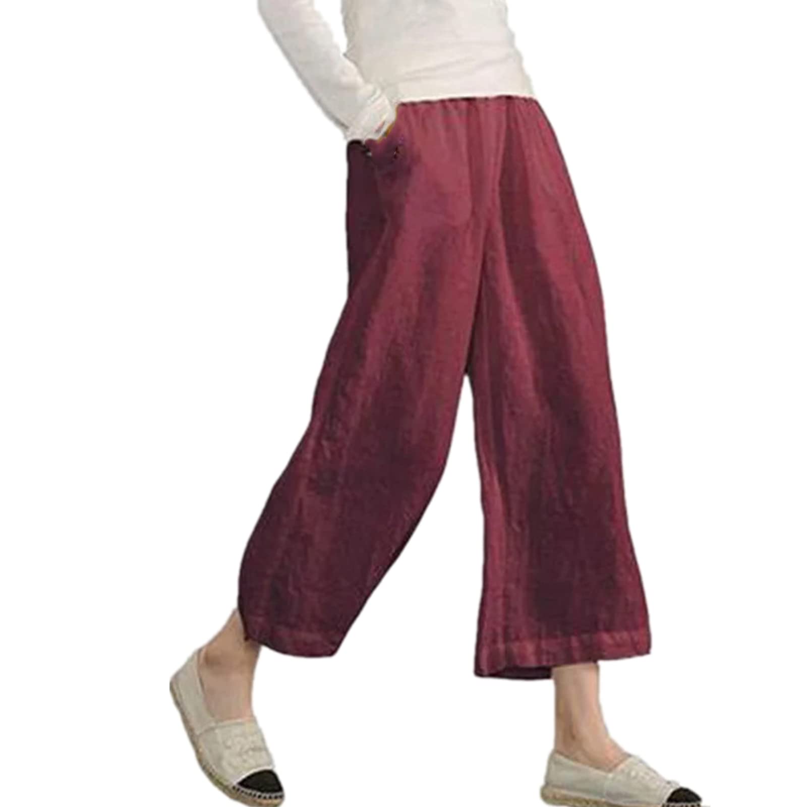 ANBID Ordinary Straight Pants Work Pants Womens Elastic Business Office Casual Pants with Pockets M red