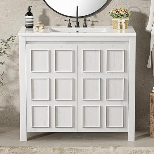 Bathroom Vanity Set, 36 Bathroom Vanity with Resin Sink Combo, Solid Wood Frame Bathroom Storage Cabinet with 5 Drawers & Soft Closing Doors, MDF Boards, Gold Metal Knobs