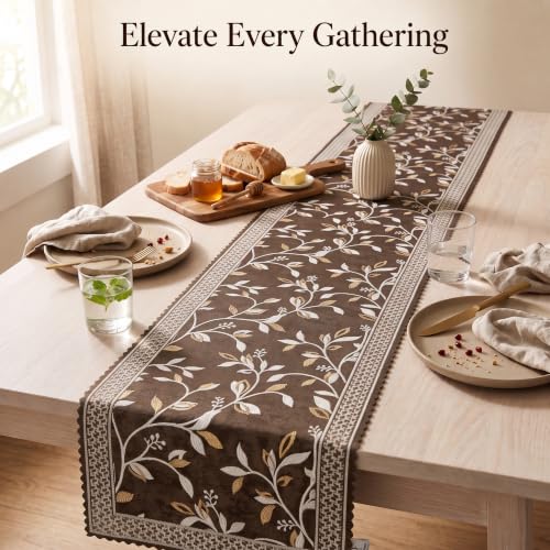 Image of Premium Embroidered Dining Table Runner 6 Seater | Washable Heat Resistant Fabric | Cotton-Silk Blend | Fits 4 & 8 Seater Dining Table | Centre Table Decor | 13 x 72 Inch | Coffee