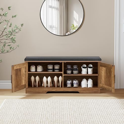 Image of HOMSHO Farmhouse Shoe Storage Bench with 2 Barn Doors & Padded Seat Cushion | 39.4 inch Wide Entryway Bench with Adjustable Shelves & Hidden Storage, Rustic Walnut