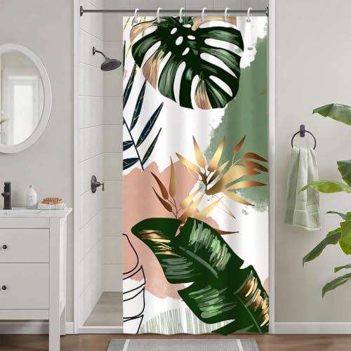 Uiiooazy Shower Curtain Narrow 90 x 180 cm, Shower Curtain Anti Mould Boho Style Pink Tropical Green Palm Leaves Jungle Shower Curtains Fabric Washable Waterproof Bathroom Curtain with 6 Hooks for