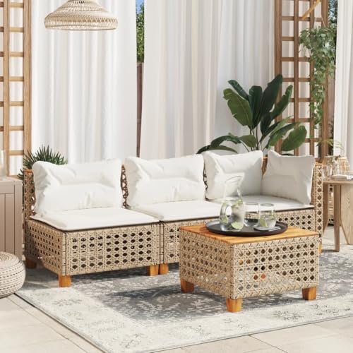 RMIHSJG Gartensofa 3-Sitzer Beige Poly Rattan mit Kissen, Wetterbeständiges PE-Rattan Sofa für Garten, Abnehmbare Bezüge, Modulares Design Lounge-Set, Komfortables Polyrattan Sofa
