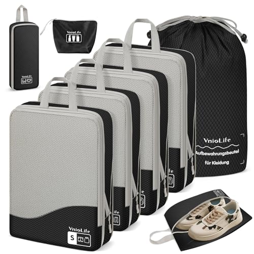VnioLife 8 × Compression Packing Cubes, Koffer Organizer Kompression, Packtaschen Packwürfel Wasserdichte, Verpackungswürfel Kompression Leicht, Reise Organizer Set (Schwarz)
