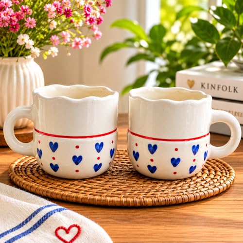 Image of Niyara Stoneware Handmade Premium Ceramic Tea Cups and Coffee Mugs Set of 2 (Blue Heart Printed)