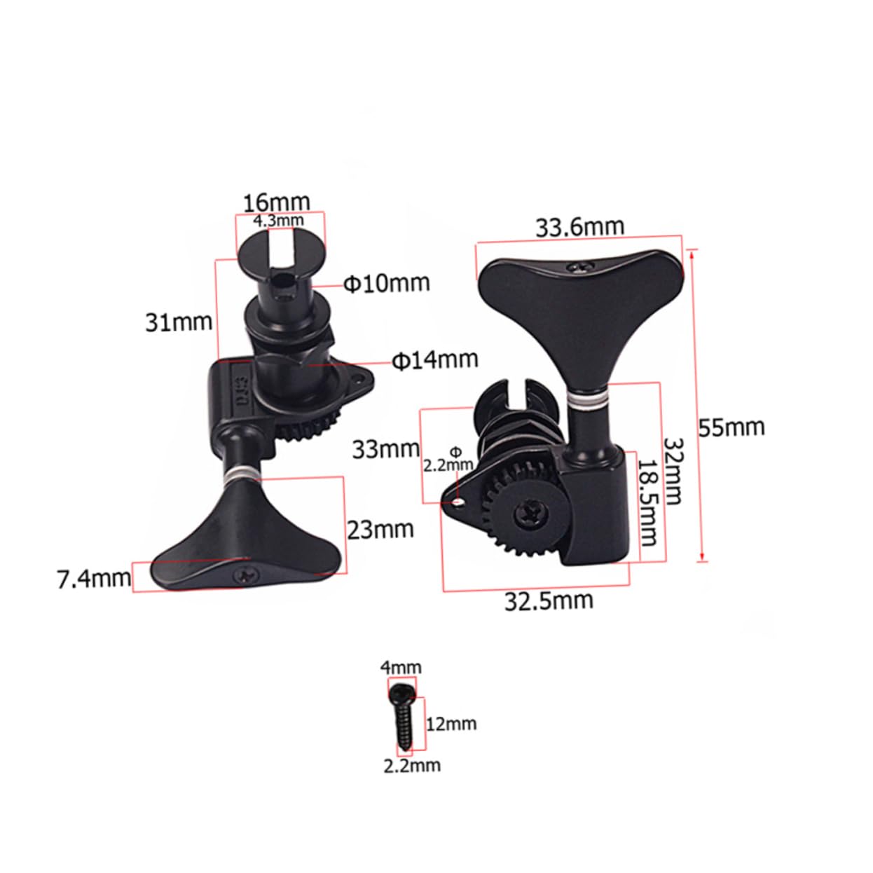 Meccaniche Sigillate per Ukulele Acustico 4 Pezzi in Metallo Nero | Modello GC117 2L 2R, Kit di Montaggio Ferrule e Viti, per Sostituzione e Messa a Punto su Ukulele Bassi