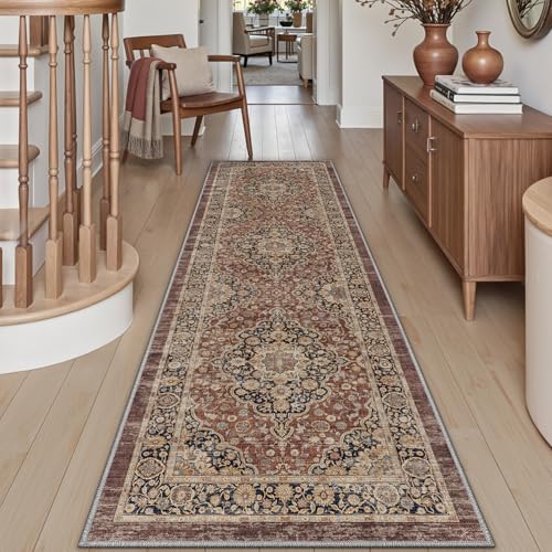 DEXI Hallway Runner Rug 60 x 150 cm Non-Slip Long Washable Entryway Floor Mats Absorbent Thin Vintage Carpet Runners for Kitchen Laundry Bedside Rusty Red
