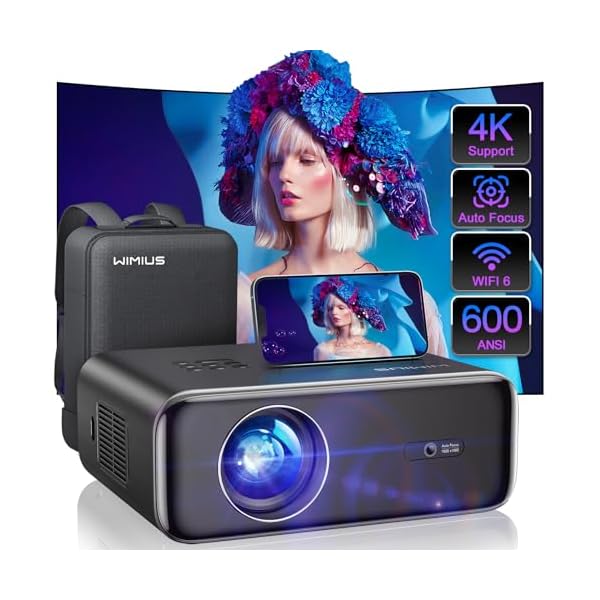 [Auto Focus/4K Support] Projector with WiFi 6 and Bluetooth 5.2, 600ANSI Native 1080P Outdoor Movie Projector, WiMiUS P62 Auto 6D Keystone & 50% Zoom, Smart Home Projector for iOS/Android/TV Stick