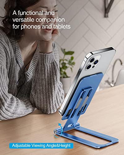 MEISO Foldable Aluminum Desktop Phone Stand, Portable Phone Stand, Adjustable Height Phone Holder, Cellphone Cradle Compatible with iPhone Pro/Max/Mini, Samsung Galaxy, Pixel Smartphone (Navy Blue)