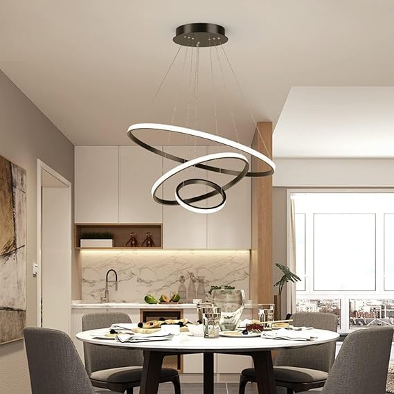 Image of Desidiya Contemporary Spiral LED 3 Ring Chandelier Hanging Ceiling Pendant Light - Adjustable Height with 3 Colour Lighting Modes Ideal for Living Room /Bedroom /Home,L-3 String Hanging (Black)
