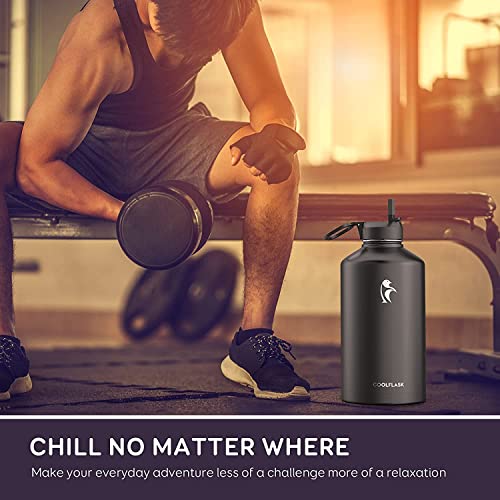 Coolflask Gallon Water Bottle Insulated With Straw&3 Lids, 128 Oz Water Jug Large Stainless Steel Metal Vacuum Wide Mouth For Sports, Gym Or Office, Bpa-Free Keep Cold 48H Hot 24H, Magic Black #TOP6