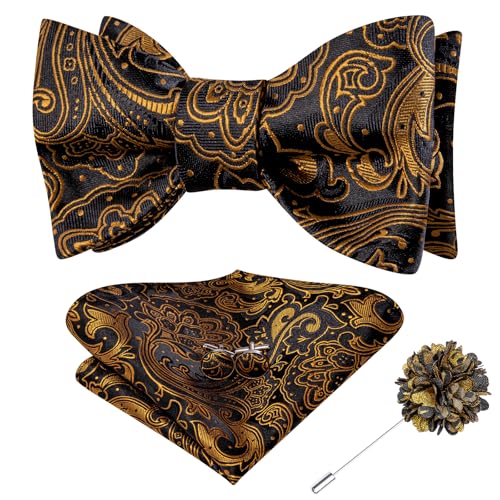 Image of Dubulle Self Tie Bow Ties and Lapel Pin for Men Paisley Solid Mens Bowtie and Handkerchief Cufflinks Set Wedding