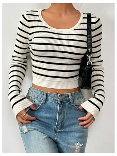 Image of SOLY HUX Women's Fall Striped Crop Sweater Scoop Neck Long Sleeve Ribbed Pullover Jumper Tops White and Black Small
