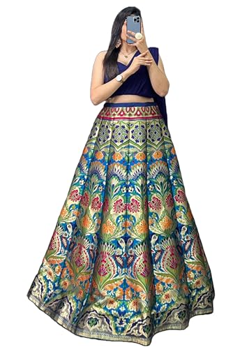 Tissu de soie indien Banarasi d'exception avec tissage Zari doré traditionnel Lehenga 10012