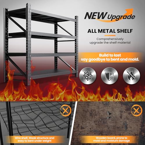 71” W Storage Shelves Heavy Duty, 5000LBS Metal Garage Shelving Units, 4 Tier Storage rack shelf, Steel Industrial Shelving , Adjustable Standing Shelf for Basement/Warehouse 71\"W x 24\"D x 70\"H, Black