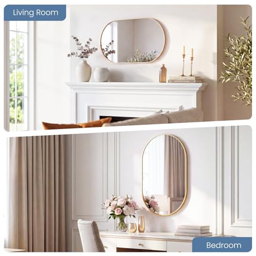Image of NEWBULIG 20 inch x 30 inch Oval Bathroom Mirror, Gold Wall Mirrors with Metal Frame, Tempered Glass, Morden Vanity Mirror for Over Sink, Entryway, Living Room, Bedroom, Horizontal or Vertical