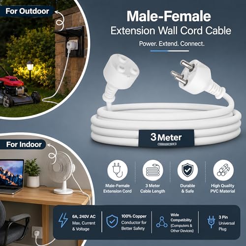 Image of Electronic Spices 3 Meter 3 Pin Heavy Duty Power Extension Cable | Male to Female Extension Cord for Home Appliances, Electronics & Tools