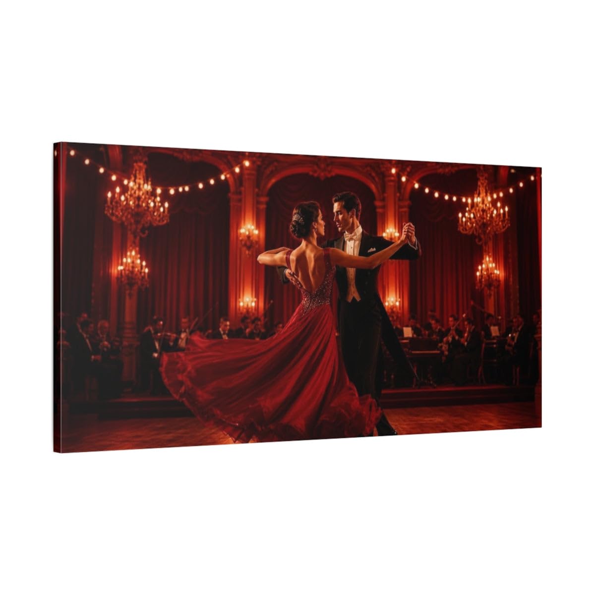 Crimson Ballroom Waltz Canvas Print – Living Room, Above Console Table 40×20 inch (100×50 cm) - Horizontal / 1.25 inch (3 cm)