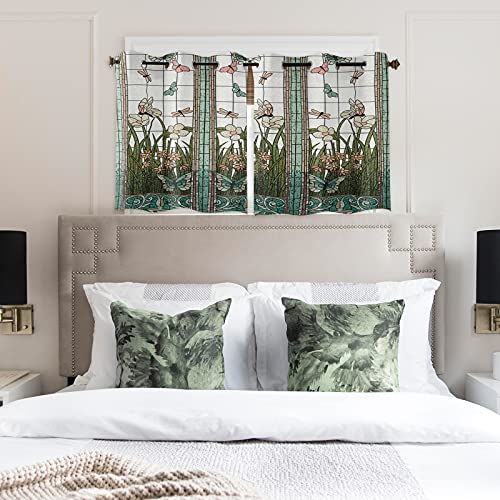 Window Treatment Sheer Curtains Stained Glass ​Meadow Flower Dragonfly Print 2 Panels Kitchen Tier Grommet Draperies & Curtains 54 Inch Length For Living Room/Bedroom/Patio/Sliding Glass Door #TOP3