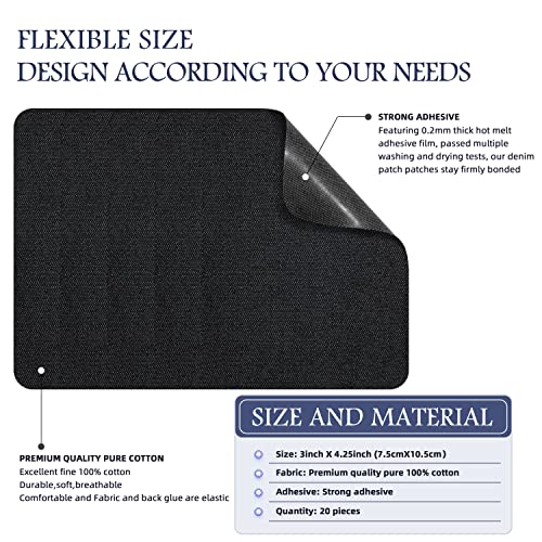 Image of KING MOUNTAIN Iron-on Repair Patch 20 Pcs Pack,Denim Patches for Jeans Kit 3 inch by 4-1 /4 inch,100% Cotton Denim Iron-on Repair Patch, Jeans and Clothing Repair and Decoration Kit (Black)