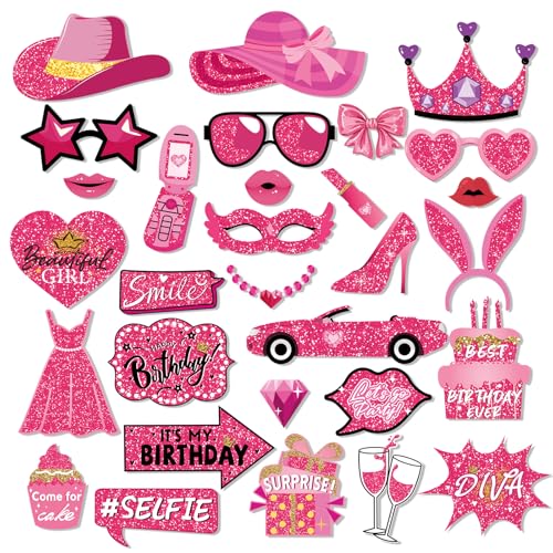 Elevizzle 30pcs Birthday Photo Booth Props Kit, Princess Theme Selfie Props Party Decorations,Hot Pink Happy Birthday Party Favors Supplies for Girls Women