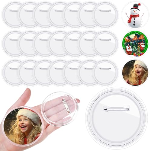 Daifunli 24 Pcs Sublimation Buttons Blanks with Pins 3 Inch Sublimation Buttons Pins Clear Acrylic Heat Transfer Style Make Your Own Pin Badge for Christmas Day DIY Craft Gifts