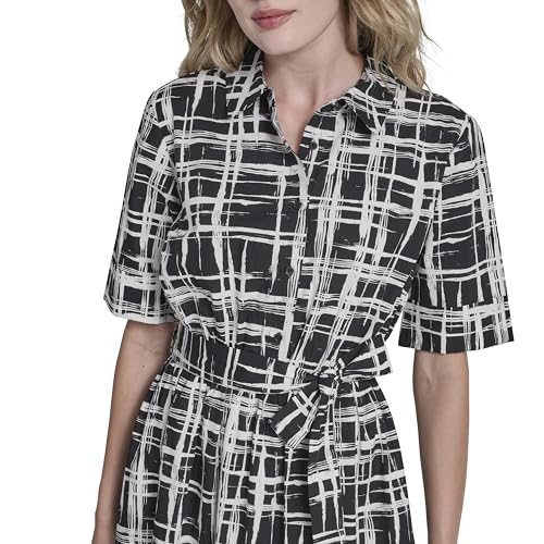 Image of DKNY Women's Short Sleeve Cotton Poplin Collared Midi Shirtdress