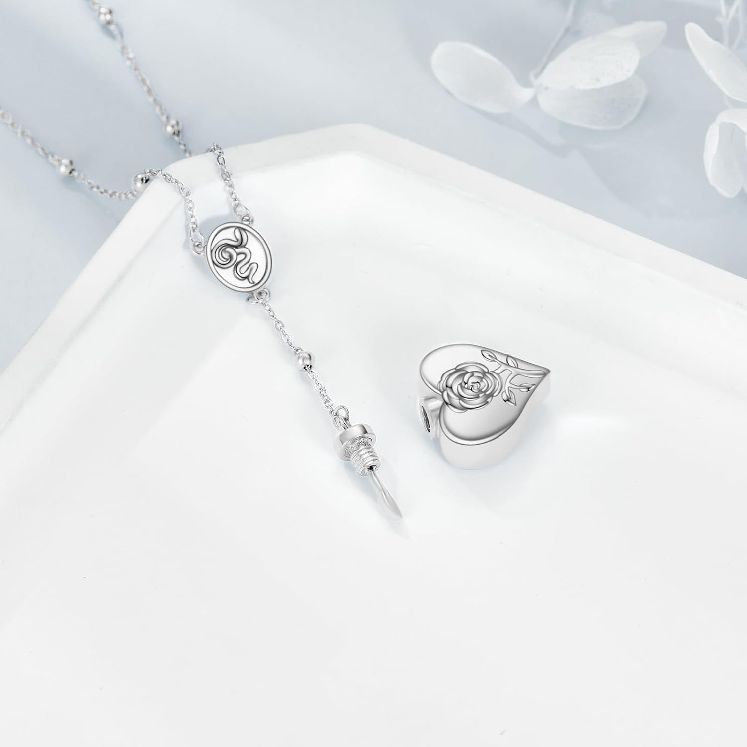 TIGER RIDER Sterling Silver LDR Stash Snuffle Spoon Gold/Black/White Gold/Rose Gold Necklace Hidden Scoop Rosary Chain Rose and Snake Pendant