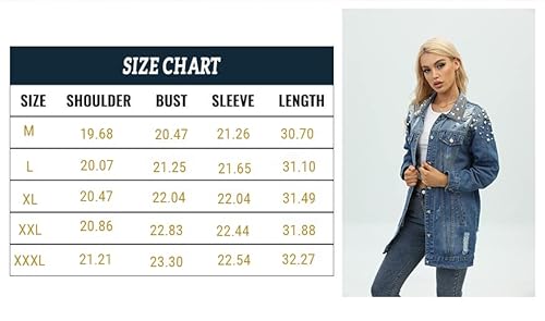 Ypct Distressed Jean Jacket For Women Lengthened Pearl Ripped Denim Jacket (Blue, X-Large) #TOP4