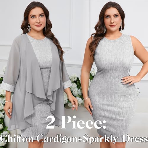 Image of ZOMVA Plus Size Sparkly Formal Dress Suit 2 Piece Mother of The Bride Groom Chiffon Jacket Outfit Cocktail Evening