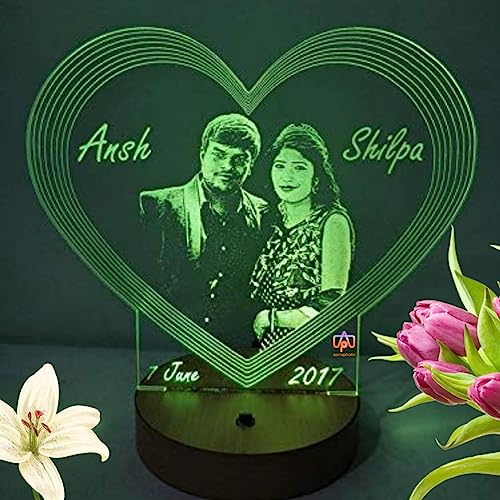 Image of Apna Photo Heart Shape 3D Illusion Led Lamp 16 Color Changing Customized and Personalized Photo Frame with Any Photo and Name (Multicolour, 20X18 Cm, Acrylic, Pack of 1)